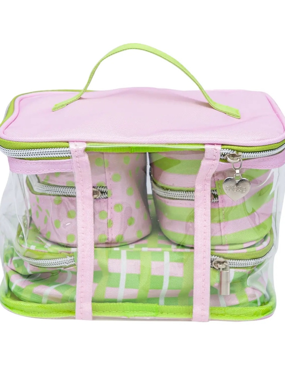 NEW Creme Clear Cosmetic Organizer Bag with Pink & Lime Green Pouches
